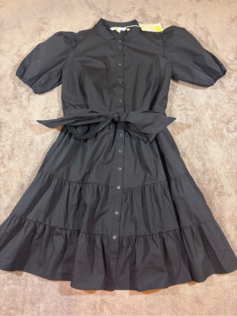 NWT Boden Black Button-Front Tiered Midi Dress with Puff Sleeves Womens 4P